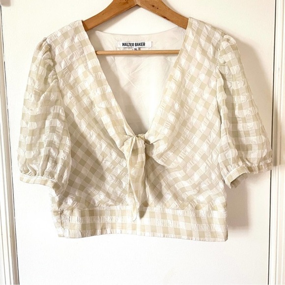 Walter Baker Gingham Seersucker Puff Sleeve Crop Top Front Tie Blouse XL - Picture 3 of 8
